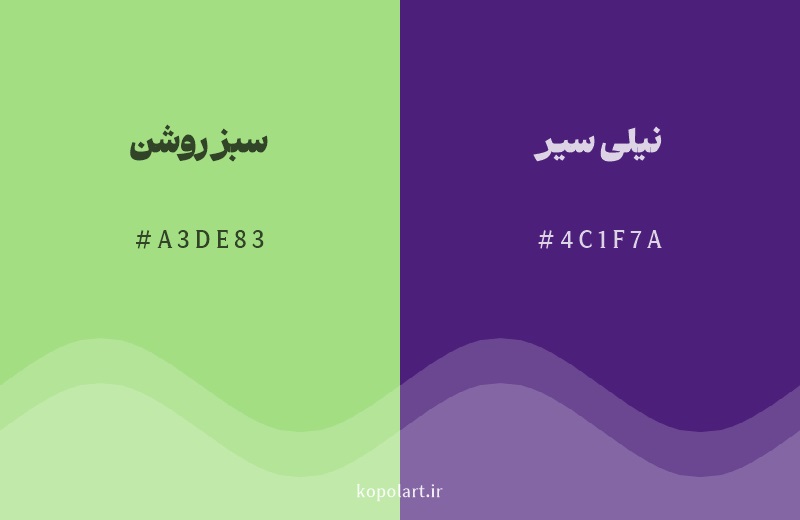 رنگ مکمل سبز روشن با کد هگزادسیمال A3DE83، رنگ نیلی سیر با کد 4C1F7A