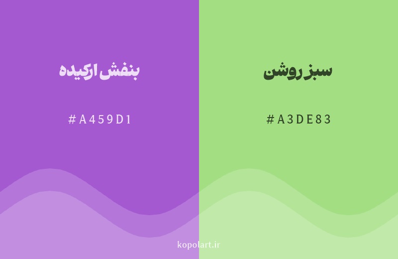 رنگ مکمل بنفش ارکیده با کد هگزادسیمال A459D1، رنگ سبز روشن با کد A3DE83