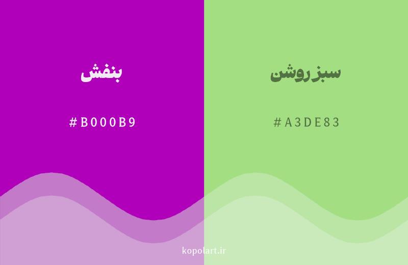 رنگ مکمل بنفش با کد هگزادسیمال B000B9، رنگ سبز روشن با کد A3DE83