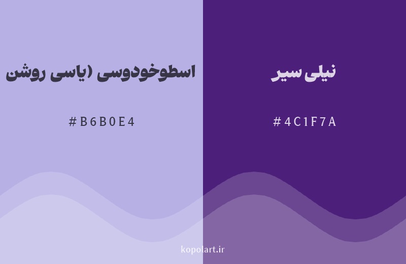 رنگ همسایه اسطوخودوسی (یاسی روشن) با کد هگزادسیمال B6B0E4، رنگ نیلی سیر با کد 4C1F7A