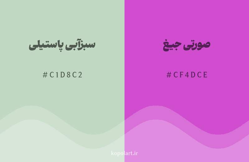 رنگ مکمل سبزآبی پاستیلی با کد هگزادسیمال C1D8C2، رنگ صورتی جیغ با کد CF4DCE