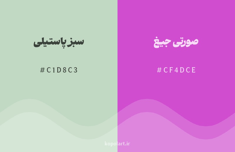 رنگ مکمل سبز پاستیلی با کد هگزادسیمال C1D8C3، رنگ صورتی جیغ با کد CF4DCE