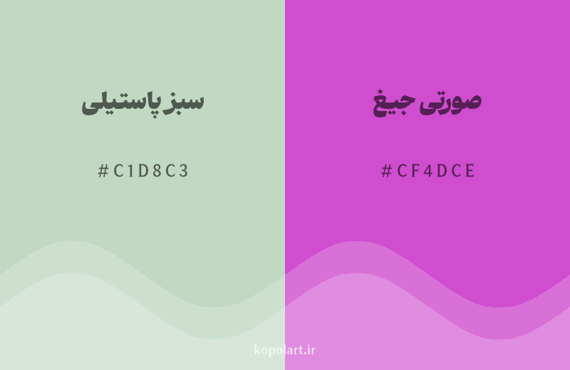 رنگ مکمل سبز پاستیلی با کد هگزادسیمال C1D8C3، رنگ صورتی جیغ با کد CF4DCE