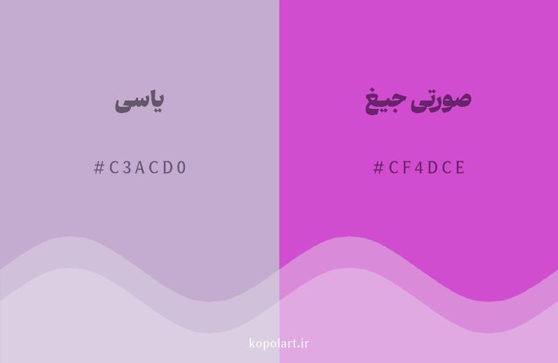 رنگ همسایه یاسی با کد هگزادسیمال C3ACD0، رنگ صورتی جیغ با کد CF4DCE