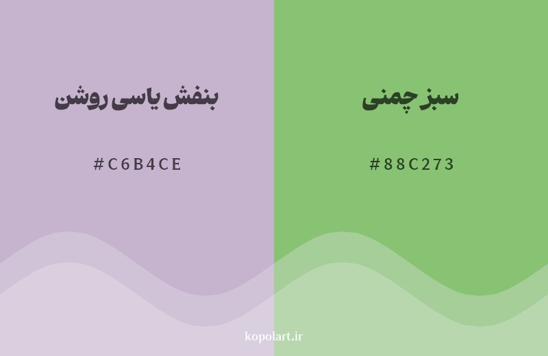 رکیب رنگ بنفش یاسی روشن در کنار رنگ مکمل آن سبز چمنی