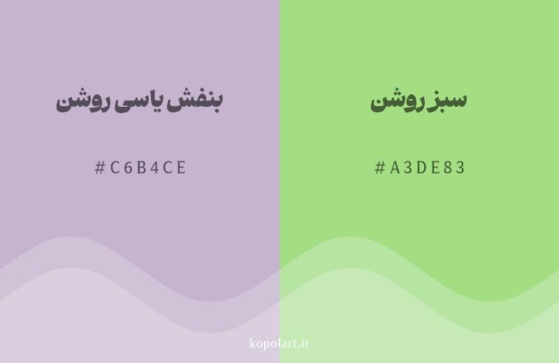 رنگ مکمل بنفش یاسی روشن با کد هگزادسیمال C6B4CE، رنگ سبز روشن با کد A3DE83