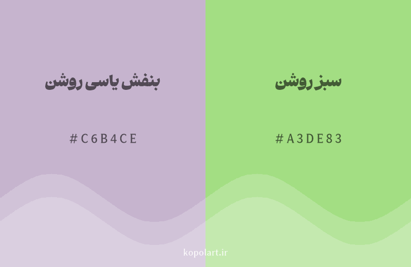 رنگ مکمل بنفش یاسی روشن با کد هگزادسیمال C6B4CE، رنگ سبز روشن با کد A3DE83
