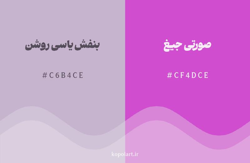رنگ همسایه بنفش یاسی روشن با کد هگزادسیمال C6B4CE، رنگ صورتی جیغ با کد CF4DCE