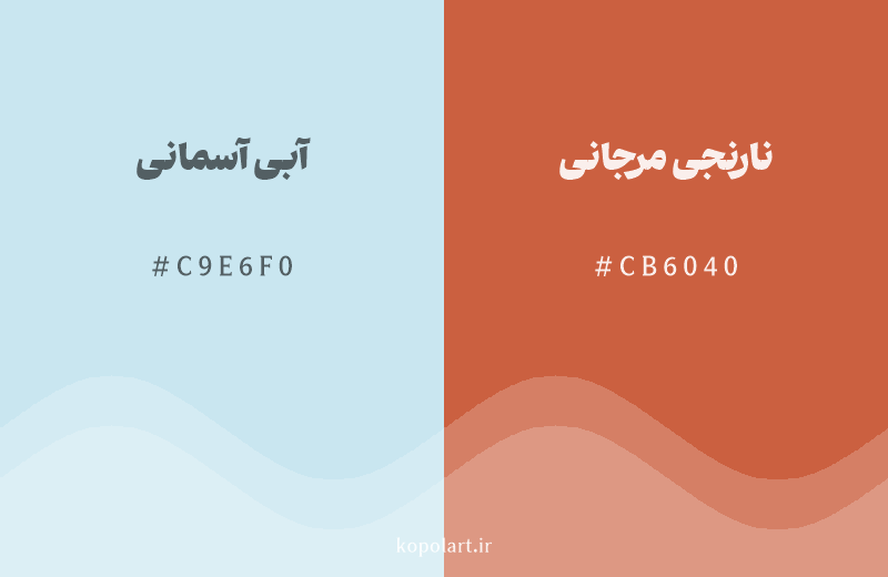 رنگ مکمل آبی آسمانی با کد هگزادسیمال C9E6F0، رنگ نارنجی مرجانی با کد CB6040