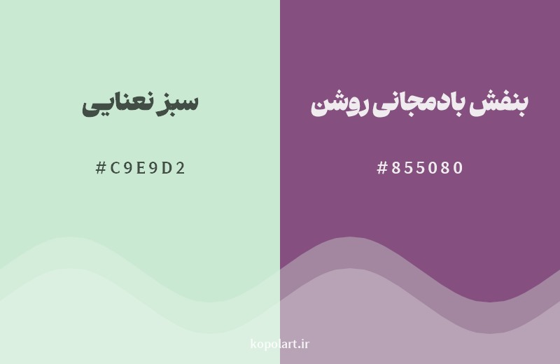 ترکیب رنگ سبز نعنایی در کنار رنگ مکمل آن بنفش بادمجانی روشن