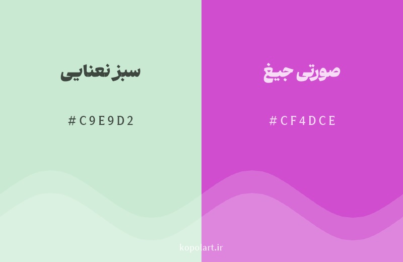 رنگ مکمل سبز نعنایی با کد هگزادسیمال C9E9D2، رنگ صورتی جیغ با کد CF4DCE