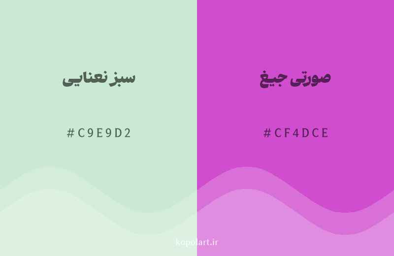 رنگ مکمل سبز نعنایی با کد هگزادسیمال C9E9D2، رنگ صورتی جیغ با کد CF4DCE