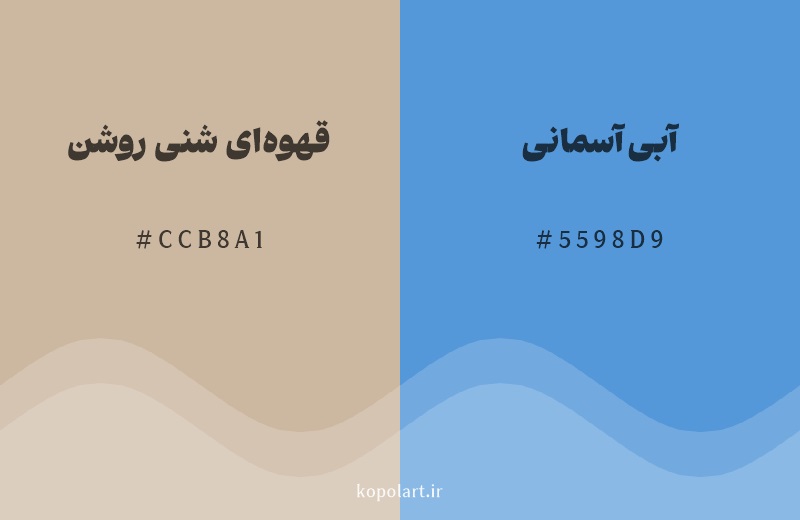 رنگ مکمل قهوه‌ای شنی روشن با کد هگزادسیمال CCB8A1، رنگ آبی آسمانی با کد 5598D9