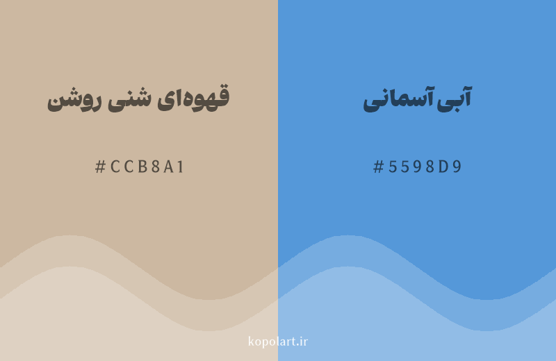 رنگ مکمل قهوه‌ای شنی روشن با کد هگزادسیمال CCB8A1، رنگ آبی آسمانی با کد 5598D9