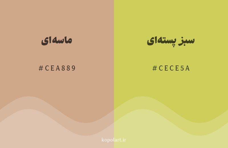 رنگ همسایه ماسهای با کد هگزادسیمال CEA889، رنگ سبز پستهای با کد CECE5A