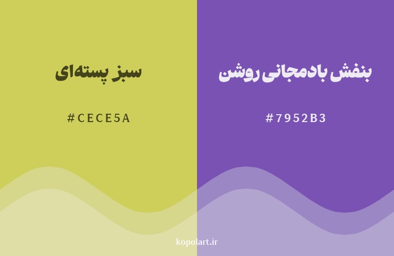 ترکیب رنگ سبز پسته‌ای در کنار رنگ مکمل آن بنفش بادمجانی روشن
