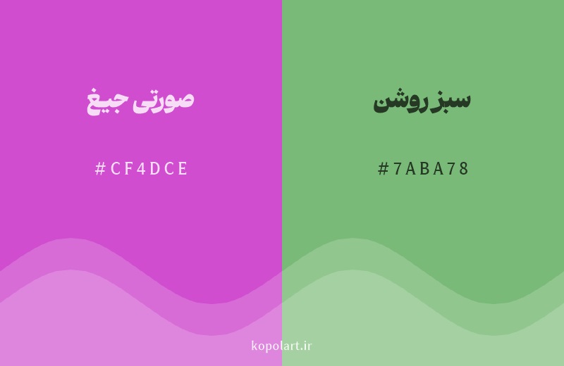 رنگ مکمل صورتی جیغ با کد هگزادسیمال CF4DCE، رنگ سبز روشن با کد 7ABA78