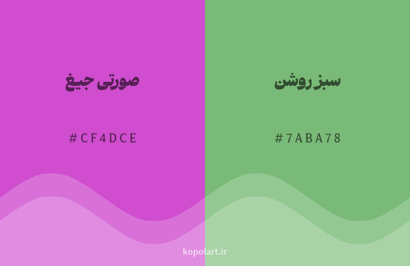 رنگ مکمل صورتی جیغ با کد هگزادسیمال CF4DCE، رنگ سبز روشن با کد 7ABA78