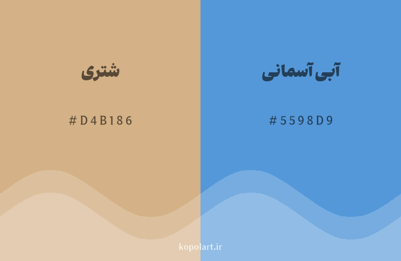 رنگ مکمل شتری با کد هگزادسیمال D4B186، رنگ آبی آسمانی با کد 5598D9