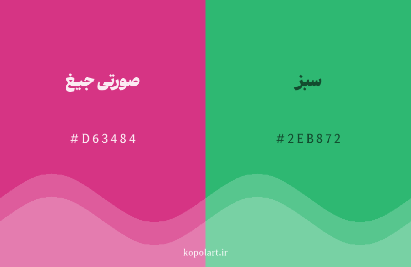 رنگ مکمل صورتی جیغ با کد هگزادسیمال D63484، رنگ سبز با کد 2EB872