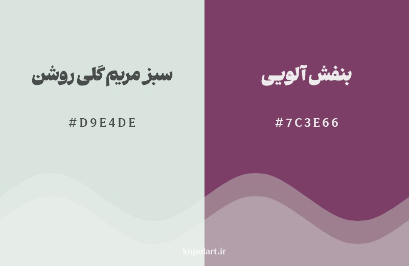 ترکیب رنگ سبز مریم گلی روشن در کنار رنگ مکمل آن بنفش آلویی