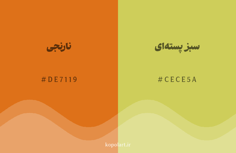 رنگ همسایه نارنجی با کد هگزادسیمال DE7119، رنگ سبز پسته‌ای با کد CECE5A