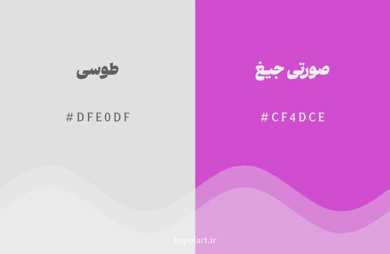 رنگ مکمل طوسی با کد هگزادسیمال DFE0DF، رنگ صورتی جیغ با کد CF4DCE