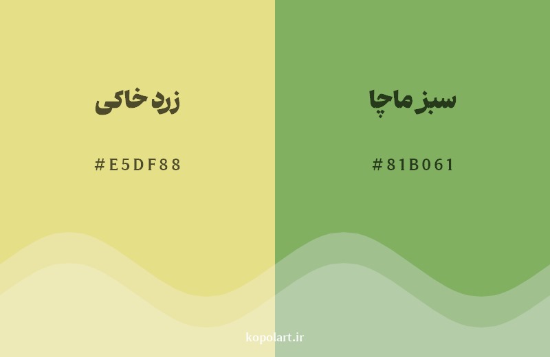 نمایش هارمونی رنگ زرد خاکی در کنار رنگ همسایه آن سبز ماچا