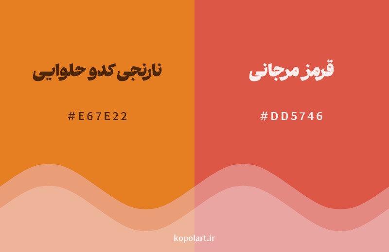 نمایش هارمونی رنگ نارنجی کدو حلوایی در کنار رنگ همسایه آن قرمز مرجانی