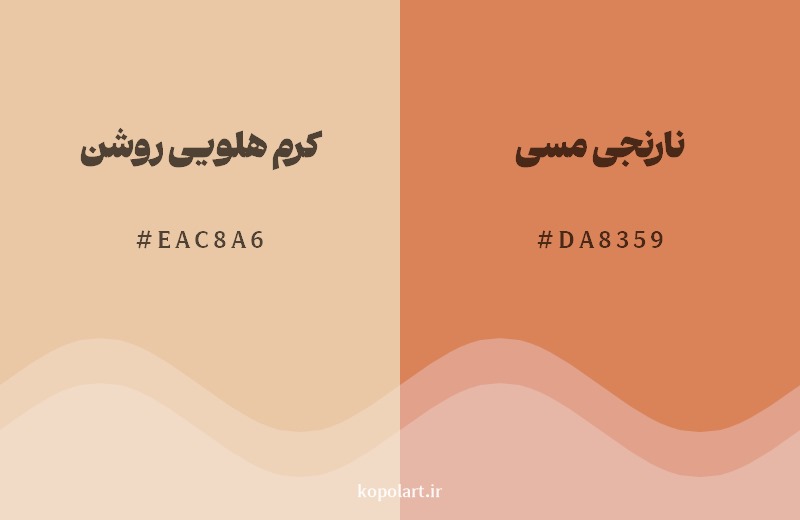 نمایش هارمونی رنگ کرم هلویی روشن در کنار رنگ همسایه آن نارنجی مسی