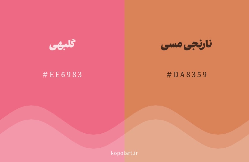 رنگ همسایه گلبهی با کد هگزادسیمال EE6983، رنگ نارنجی مسی با کد DA8359