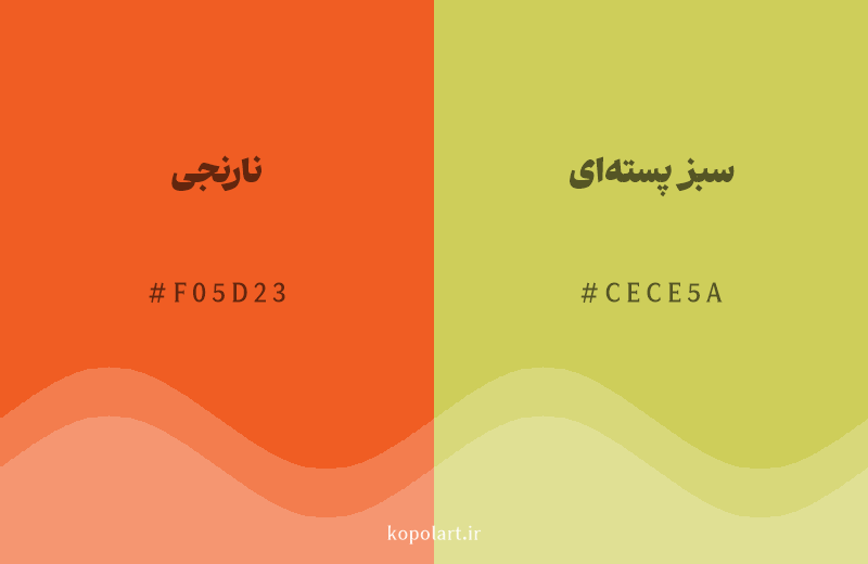 رنگ همسایه نارنجی با کد هگزادسیمال F05D23، رنگ سبز پسته‌ای با کد CECE5A