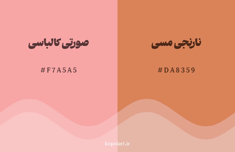 نمایش هارمونی رنگ صورتی کالباسی در کنار رنگ همسایه آن نارنجی مسی