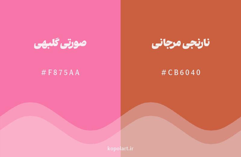 رنگ همسایه صورتی گلبهی با کد هگزادسیمال F875AA، رنگ نارنجی مرجانی با کد CB6040