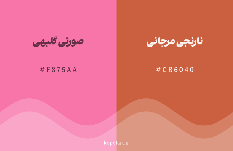 رنگ همسایه صورتی گلبهی با کد هگزادسیمال F875AA، رنگ نارنجی مرجانی با کد CB6040