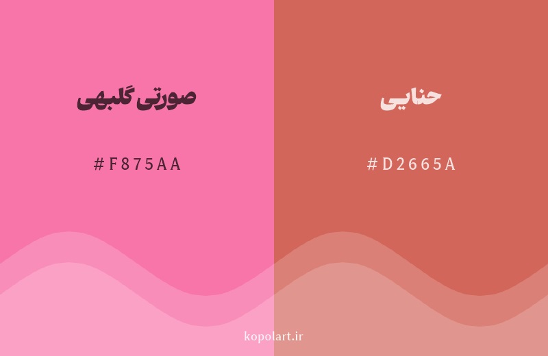رنگ همسایه صورتی گلبهی با کد هگزادسیمال F875AA، رنگ حنایی با کد D2665A