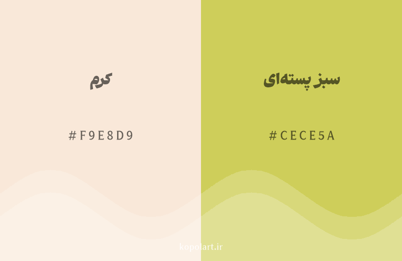 رنگ همسایه کرم با کد هگزادسیمال F9E8D9، رنگ سبز پسته‌ای با کد CECE5A