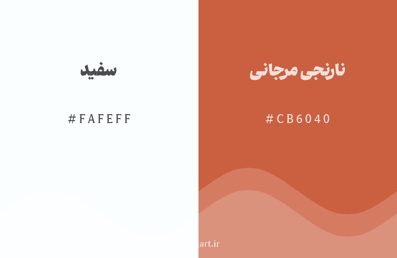 رنگ مکمل سفید با کد هگزادسیمال FAFEFF، رنگ نارنجی مرجانی با کد CB6040