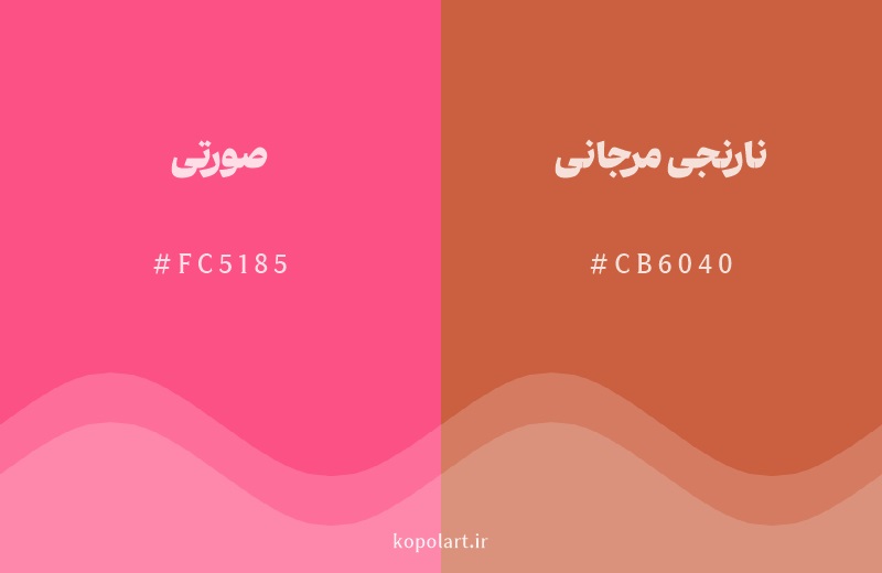 رنگ همسایه صورتی با کد هگزادسیمال FC5185، رنگ نارنجی مرجانی با کد CB6040