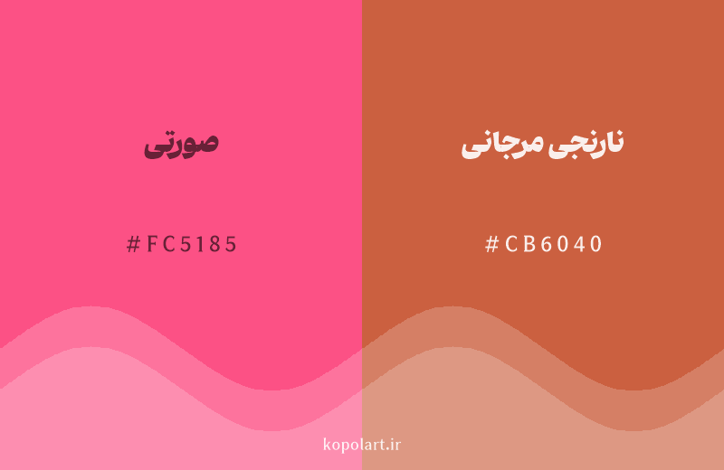 رنگ همسایه صورتی با کد هگزادسیمال FC5185، رنگ نارنجی مرجانی با کد CB6040