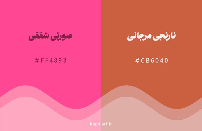 رنگ همسایه صورتی شفقی با کد هگزادسیمال FF4893، رنگ نارنجی مرجانی با کد CB6040