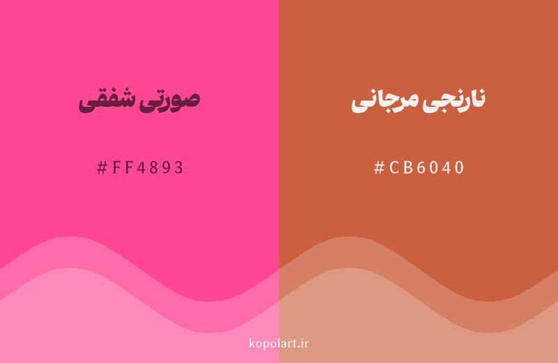 رنگ همسایه صورتی شفقی با کد هگزادسیمال FF4893، رنگ نارنجی مرجانی با کد CB6040