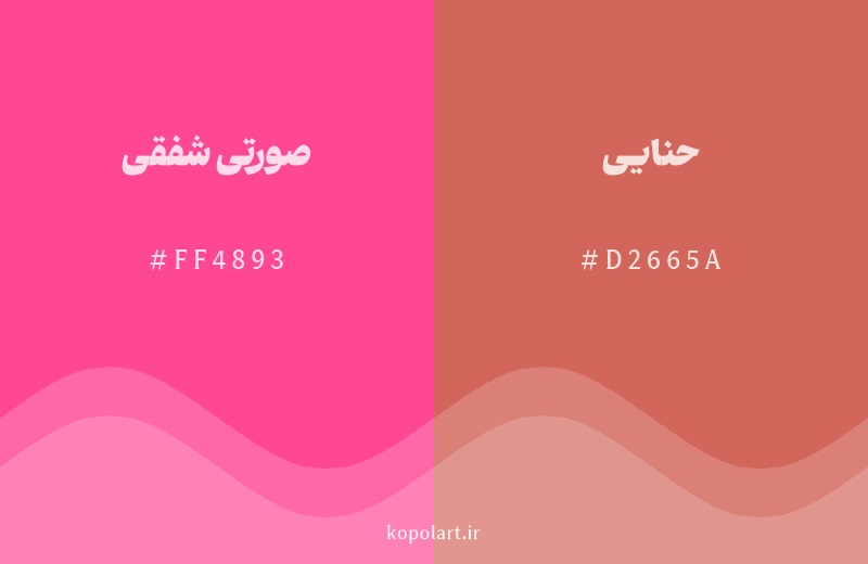 رنگ همسایه صورتی شفقی با کد هگزادسیمال FF4893، رنگ حنایی با کد D2665A
