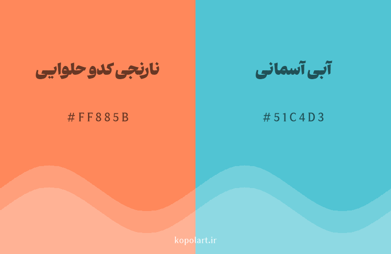 رنگ مکمل نارنجی کدو حلوایی با کد هگزادسیمال FF885B، رنگ آبی آسمانی با کد 51C4D3
