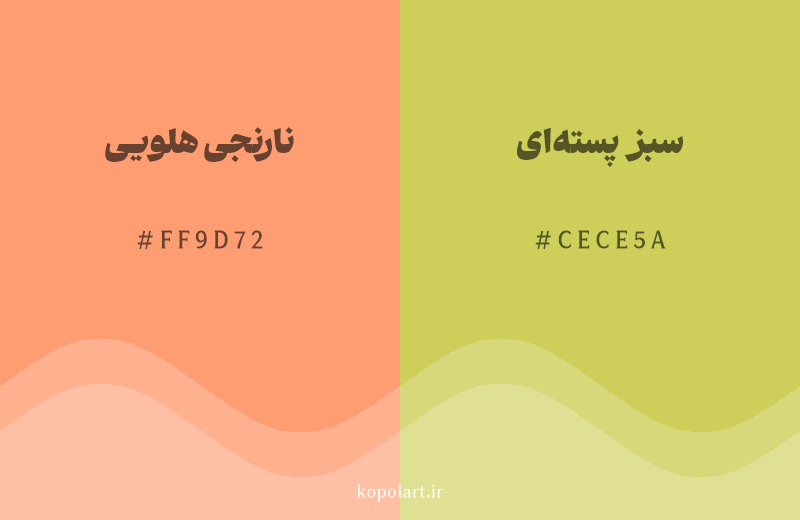 رنگ همسایه نارنجی هلویی با کد هگزادسیمال FF9D72، رنگ سبز پسته‌ای با کد CECE5A