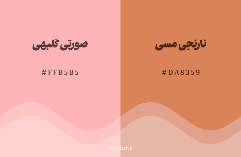 نمایش هارمونی رنگ صورتی گلبهی در کنار رنگ همسایه آن نارنجی مسی