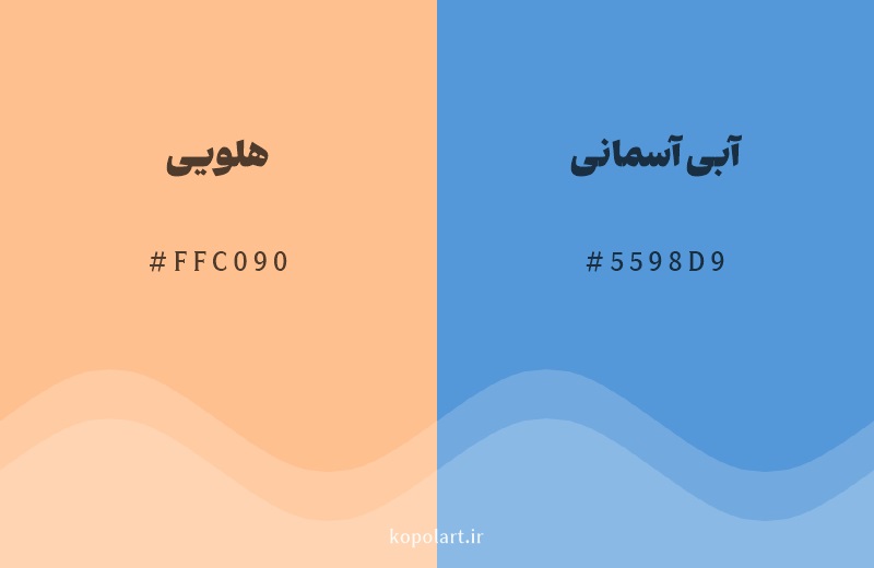 رنگ مکمل هلویی با کد هگزادسیمال FFC090، رنگ آبی آسمانی با کد 5598D9