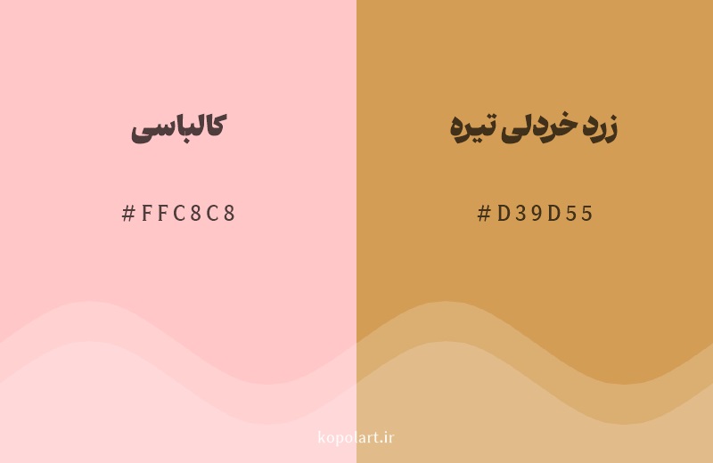 رنگ همسایه کالباسی با کد هگزادسیمال FFC8C8، رنگ زرد خردلی تیره با کد D39D55