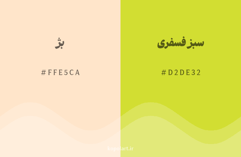 رنگ همسایه بژ با کد هگزادسیمال FFE5CA، رنگ سبز فسفری با کد D2DE32