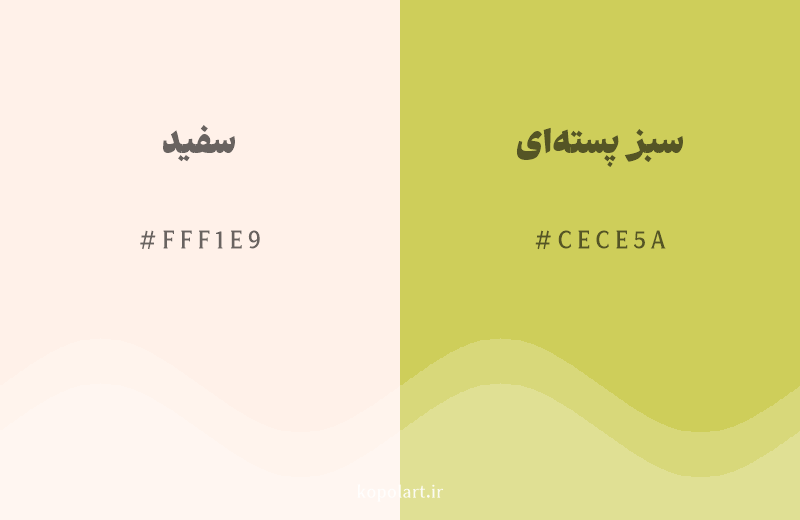 رنگ همسایه سفید با کد هگزادسیمال FFF1E9، رنگ سبز پسته‌ای با کد CECE5A